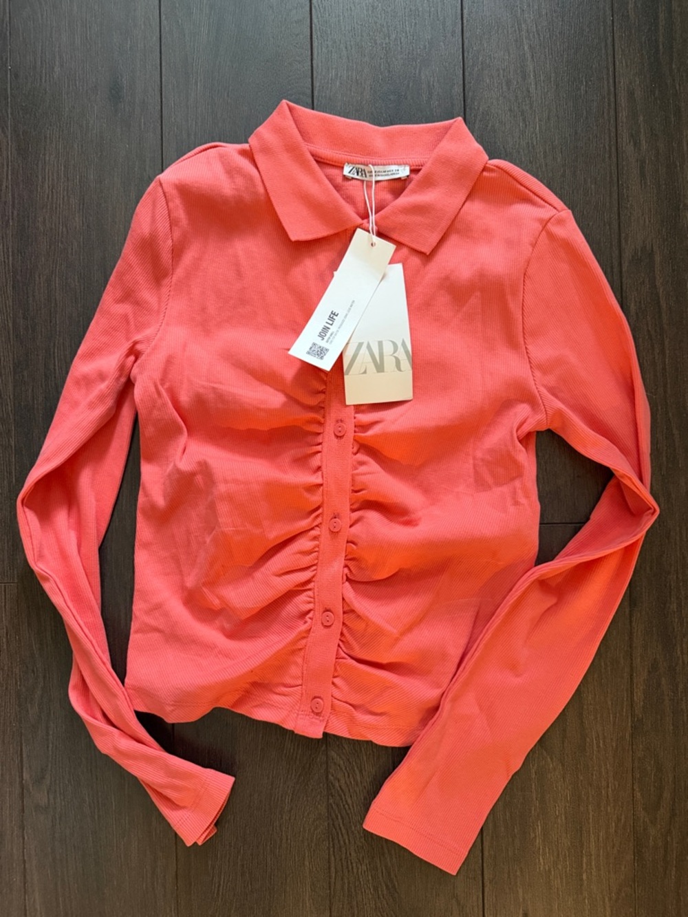 Zara coral ribbed button up long sleeve top Medium BNWT